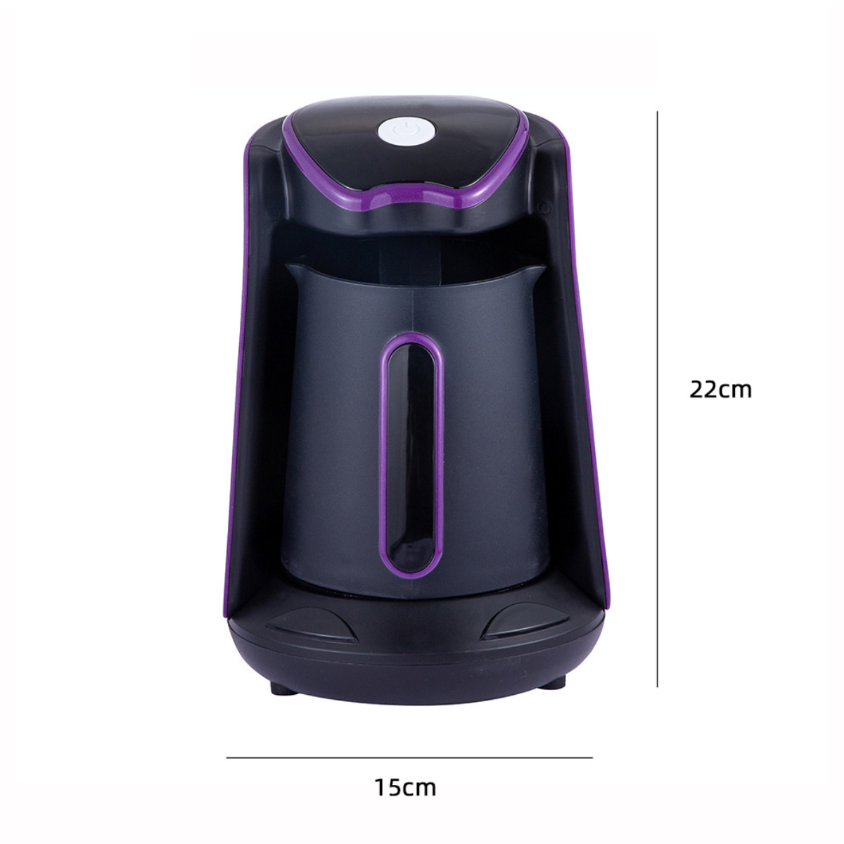 Eine schwarz-violette Kaffeemaschine. Sie ist 22cm hoch und 15cm breit. Sie hat einen transparenten Behälter.
