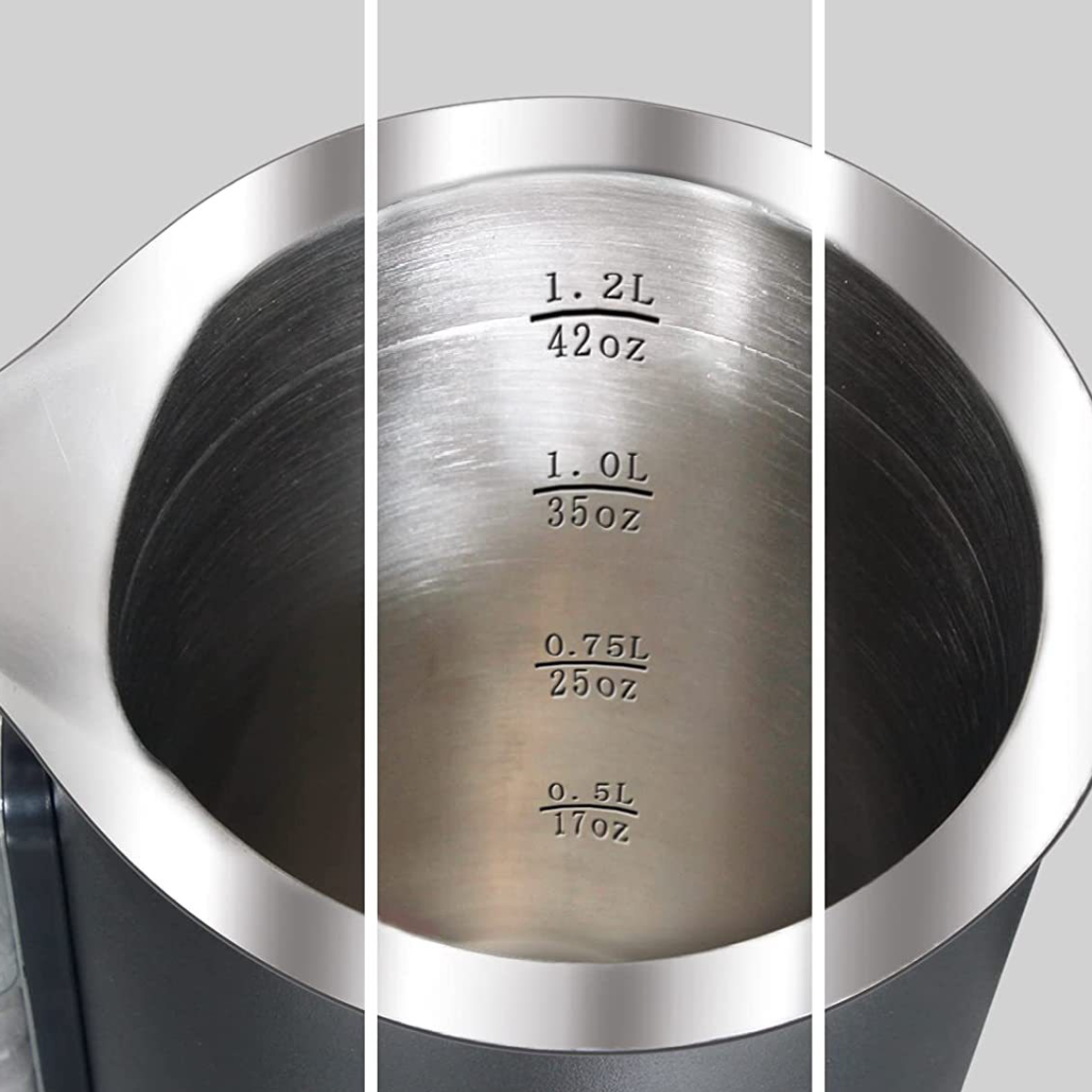 Edelstahl-Krug mit Volumenmarkierungen; 0,5 l bis 1,2 l und 17 bis 42 oz.