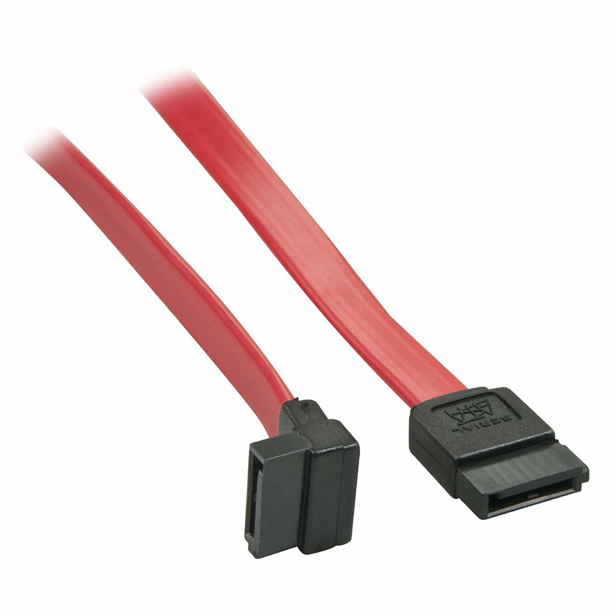 Cavo SATA rosso con connettori neri su sfondo bianco.