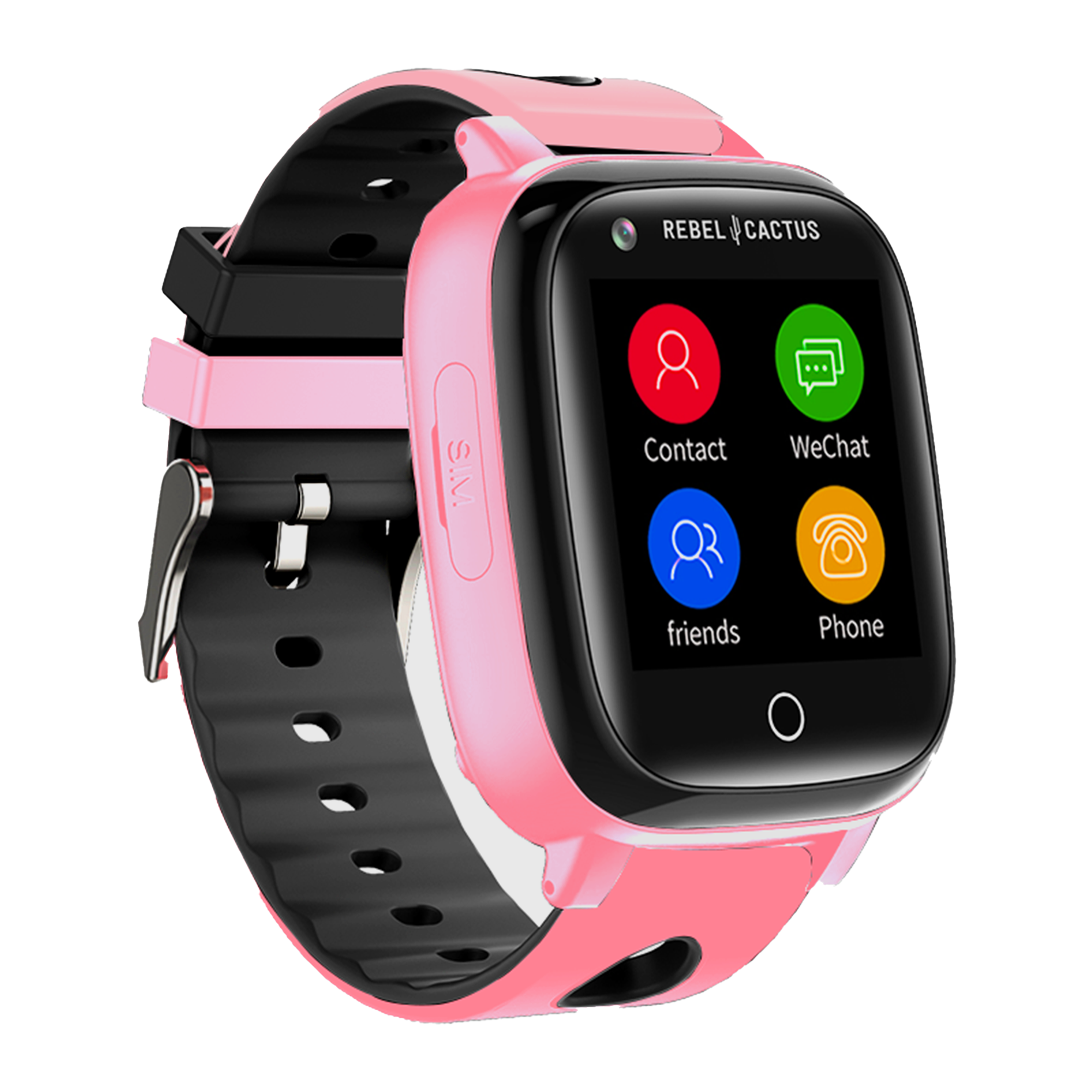 Un reloj inteligente rosa con correa negra, con iconos de contactos, WeChat, amigos y teléfono.