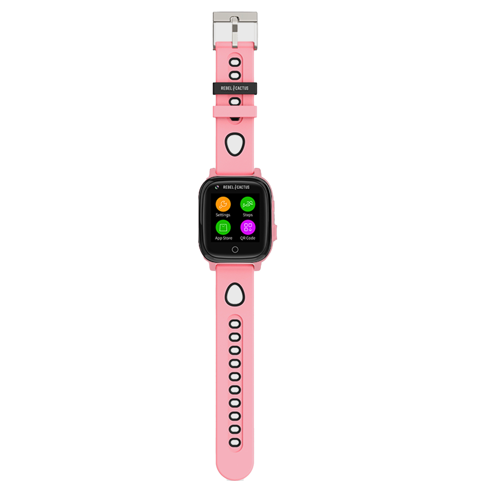 Reloj inteligente rosa con pantalla negra que muestra ajustes, pasos, tienda de aplicaciones y código QR.
