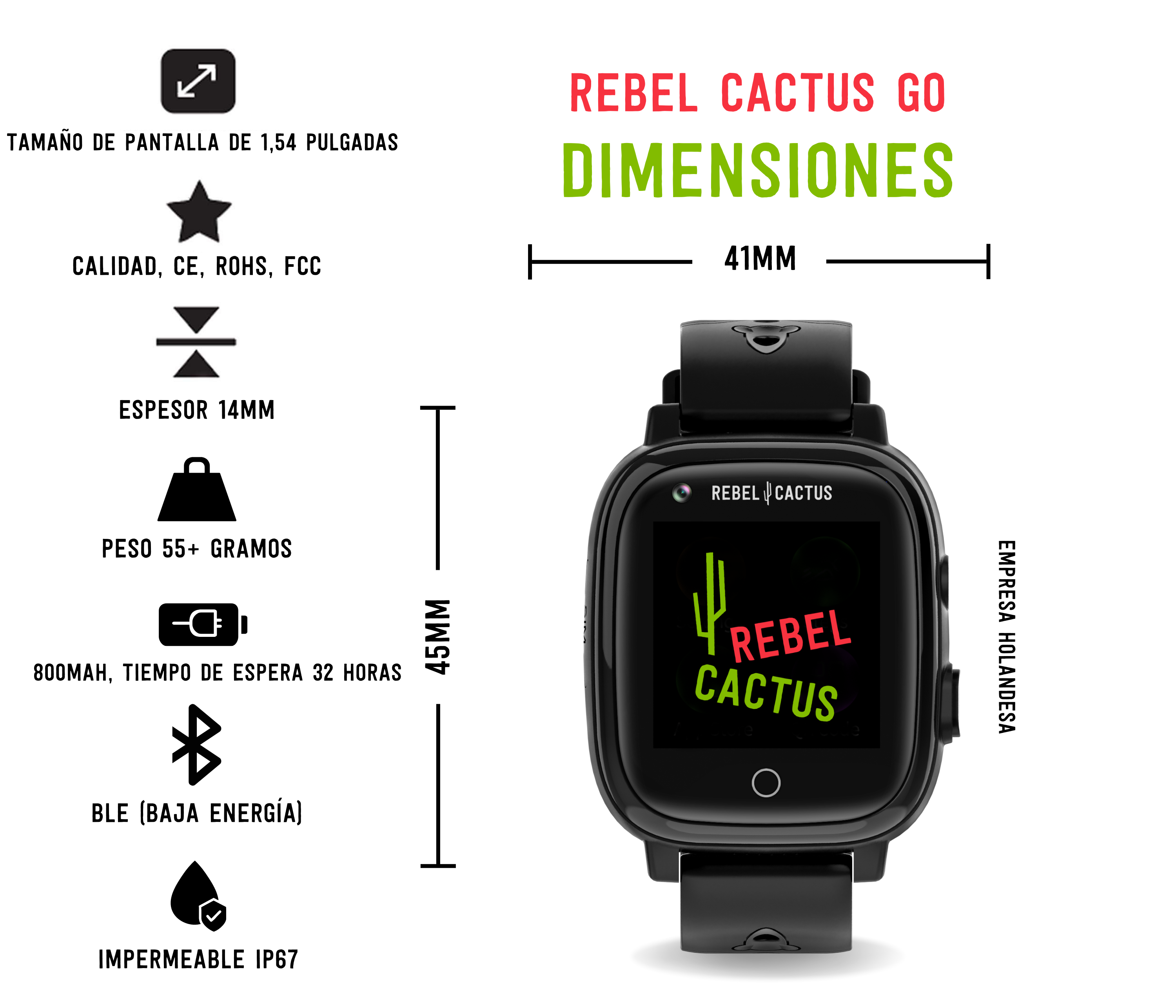 Reloj inteligente negro con correa negra e infografías sobre un fondo blanco.