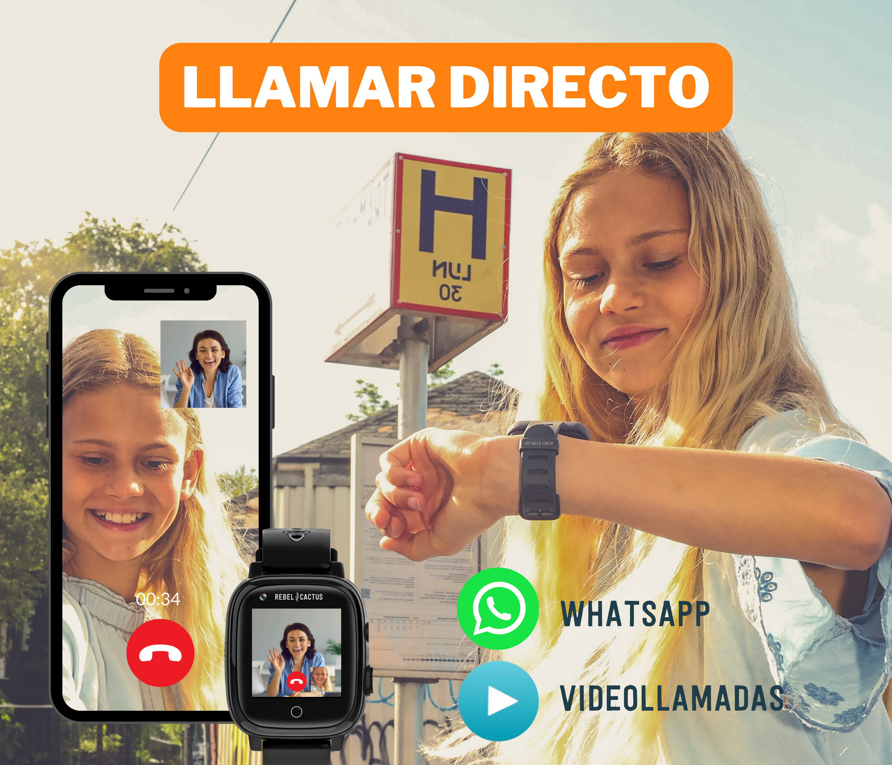 Una niña usando un smartwatch para una videollamada; un teléfono a la izquierda.