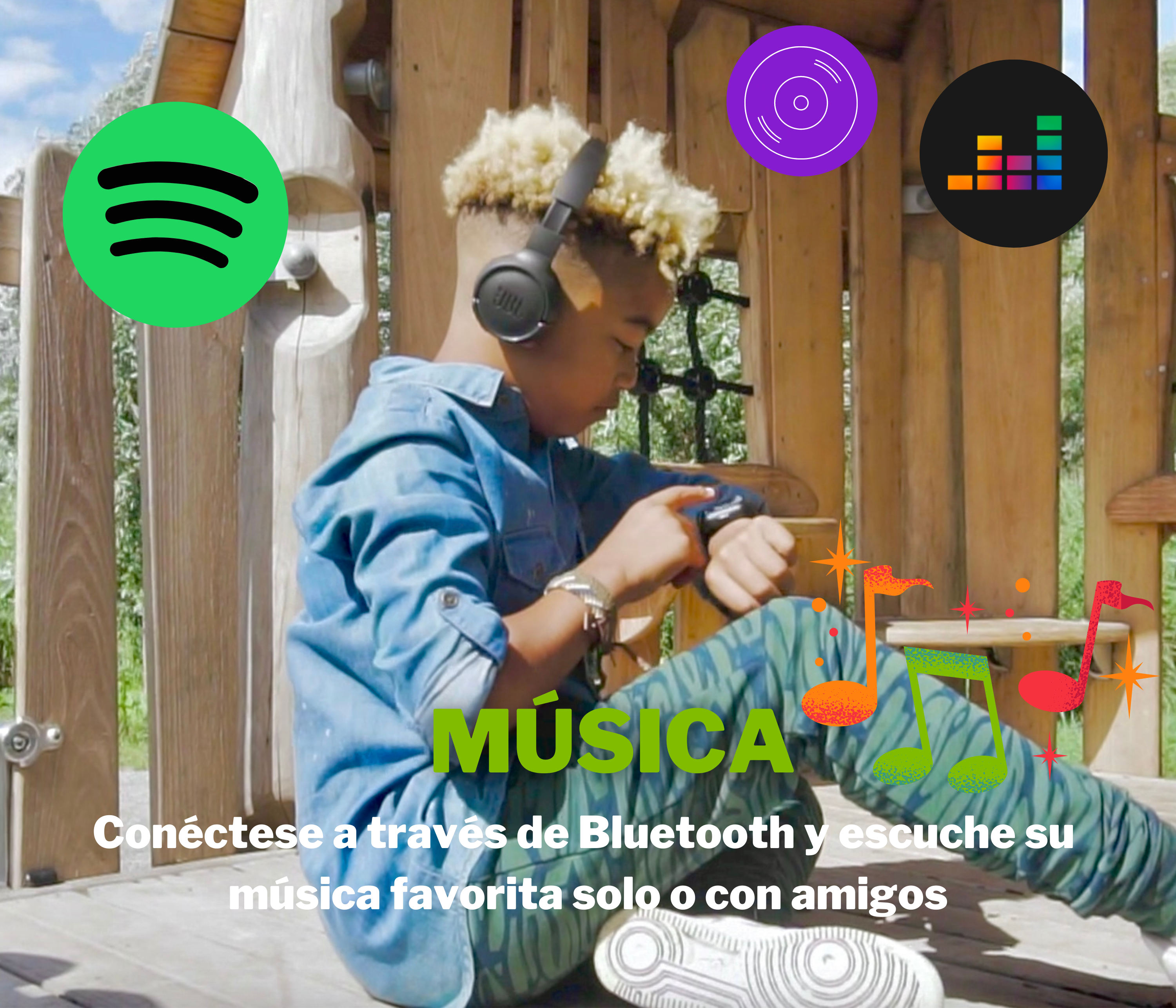 Un niño escucha música con auriculares, junto a iconos y texto relacionados con la música.