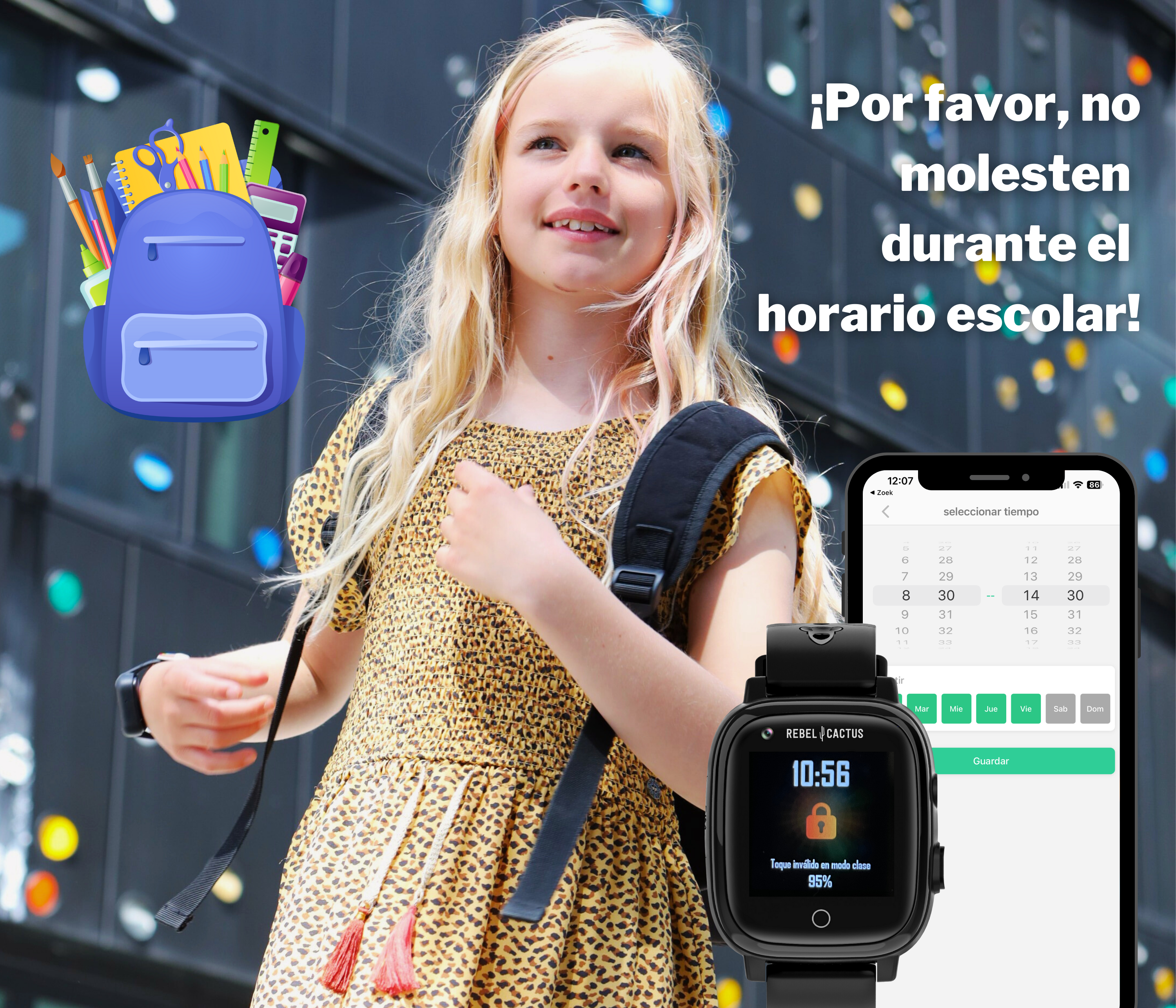Niña con mochila y reloj mostrando la hora. Un smartphone muestra un horario; texto: '¡No es hora escolar!'