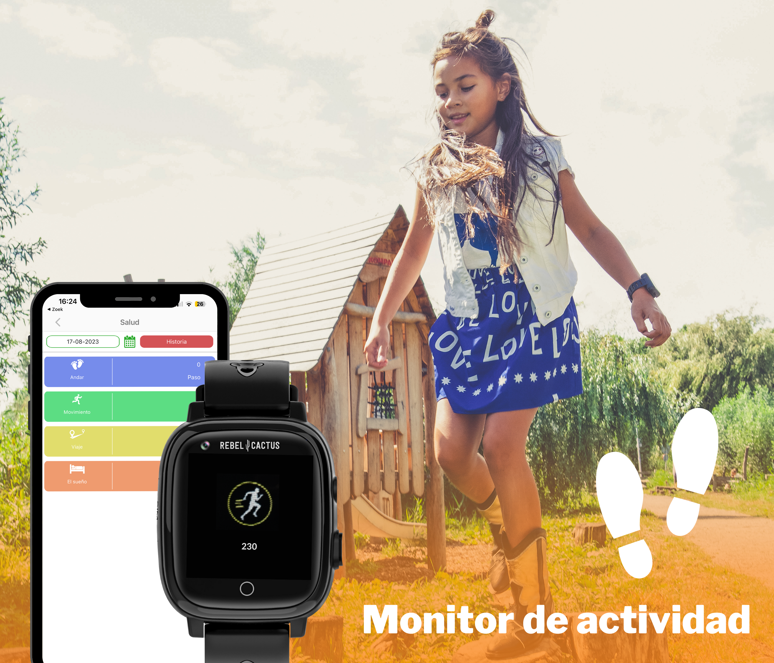 Una niña salta en un jardín con un smartwatch y una pantalla de teléfono mostrando datos.