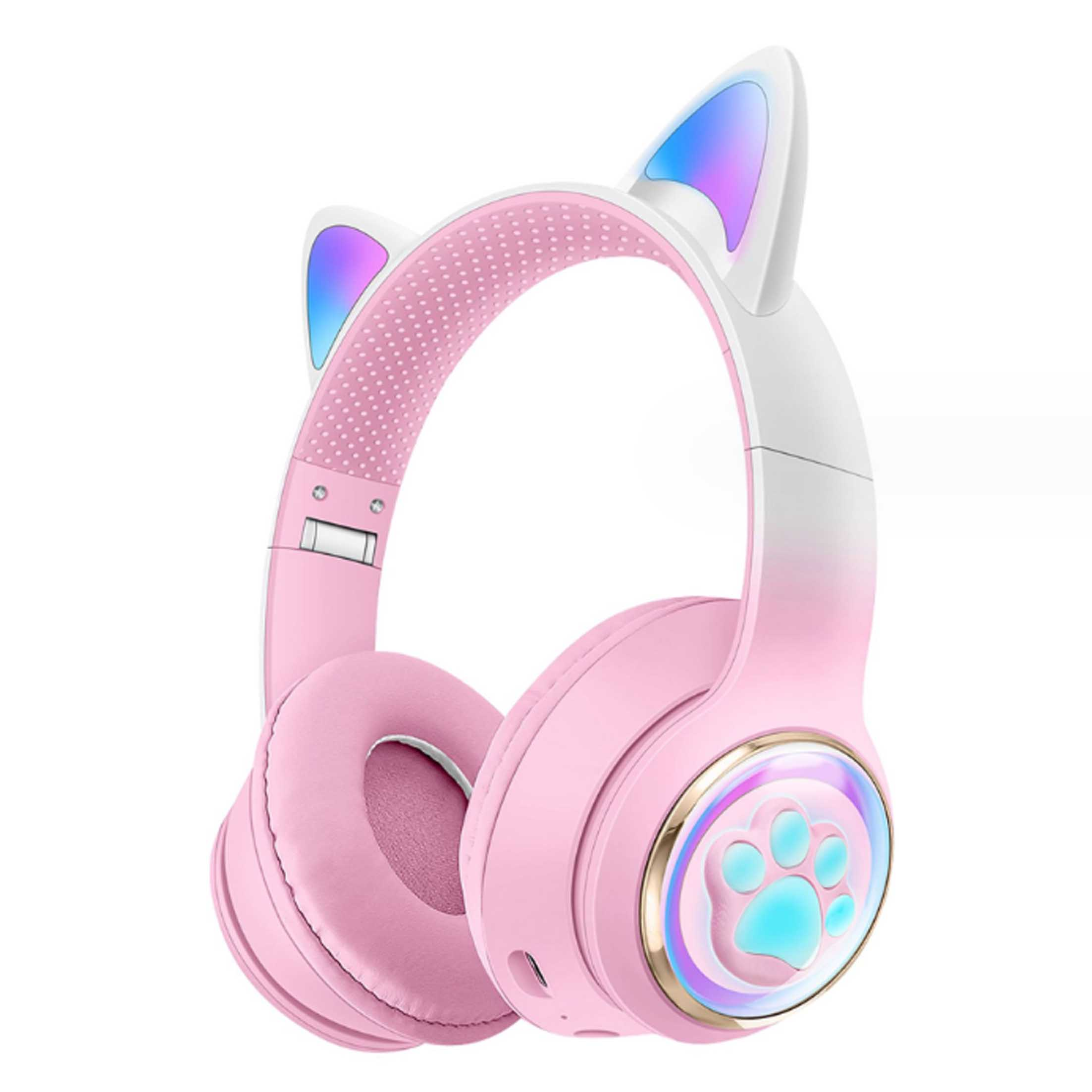 Różowe słuchawki z uszami kota, świecącymi końcówkami i nadrukiem łapy.