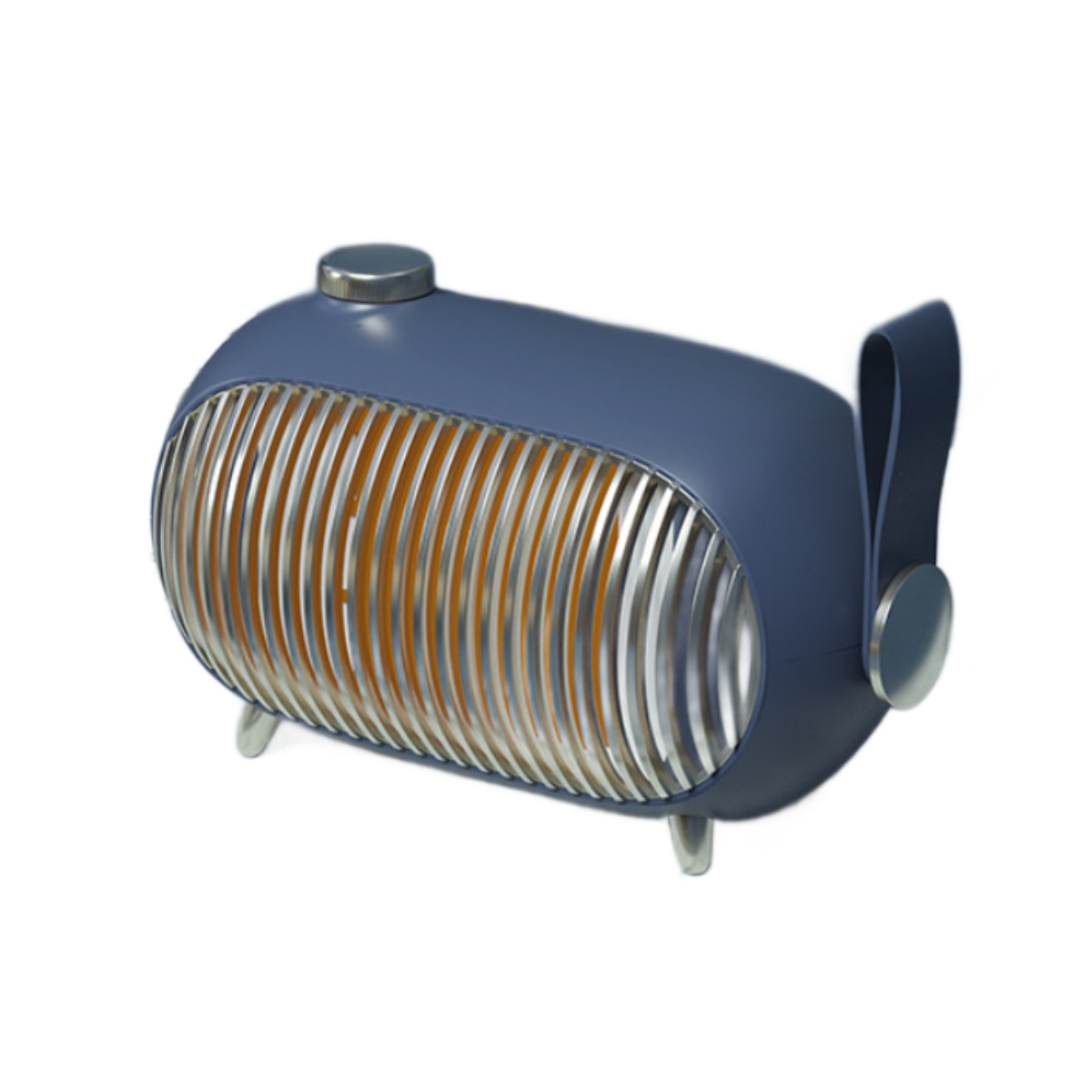 Ein blauer tragbarer Heizlüfter mit silbernen Gittern und einem Griff. Es hat ein geschwungenes Design.