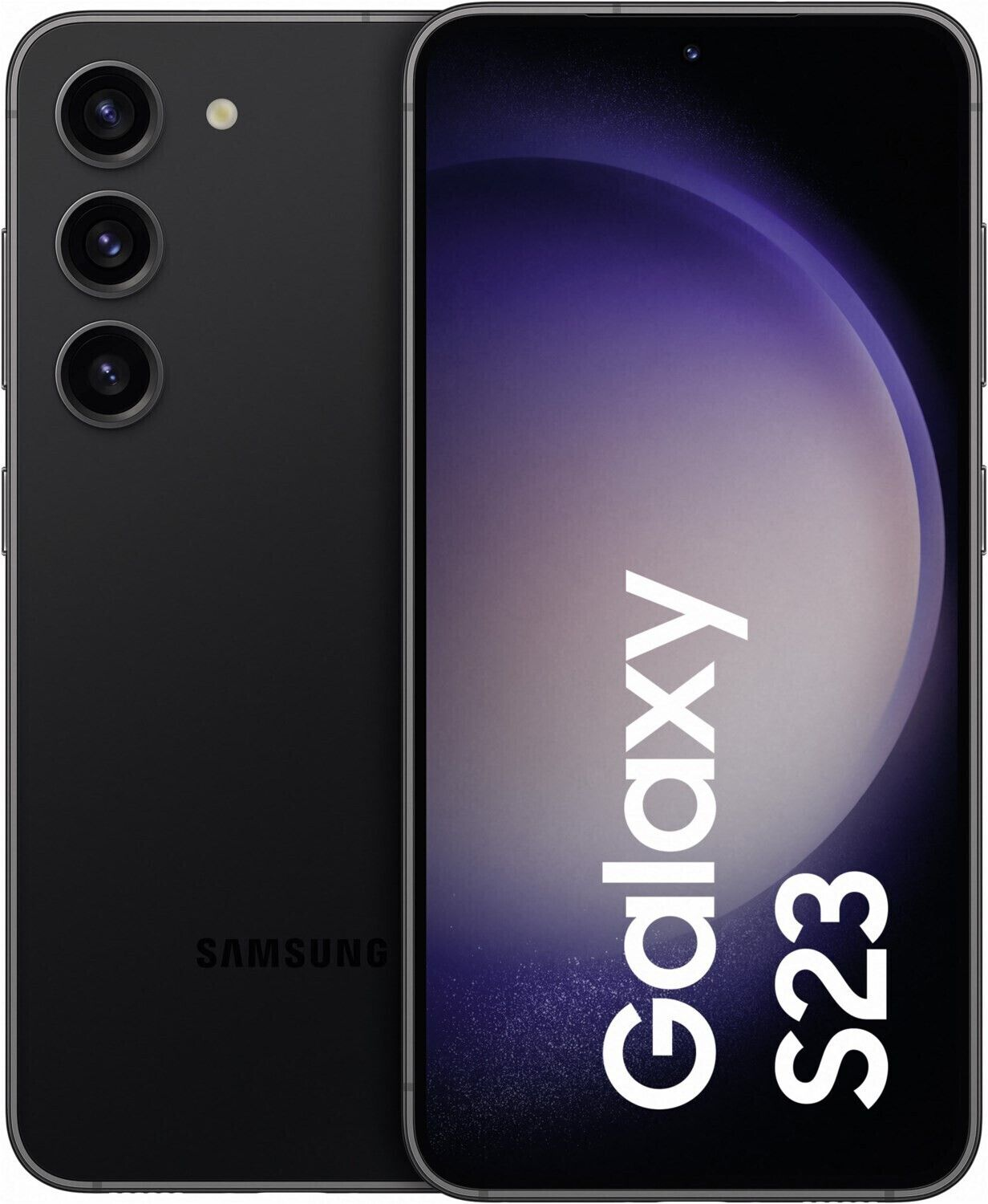 Téléphone Samsung Galaxy S23 noir avec caméras arrière et écran affichant un dégradé violet.