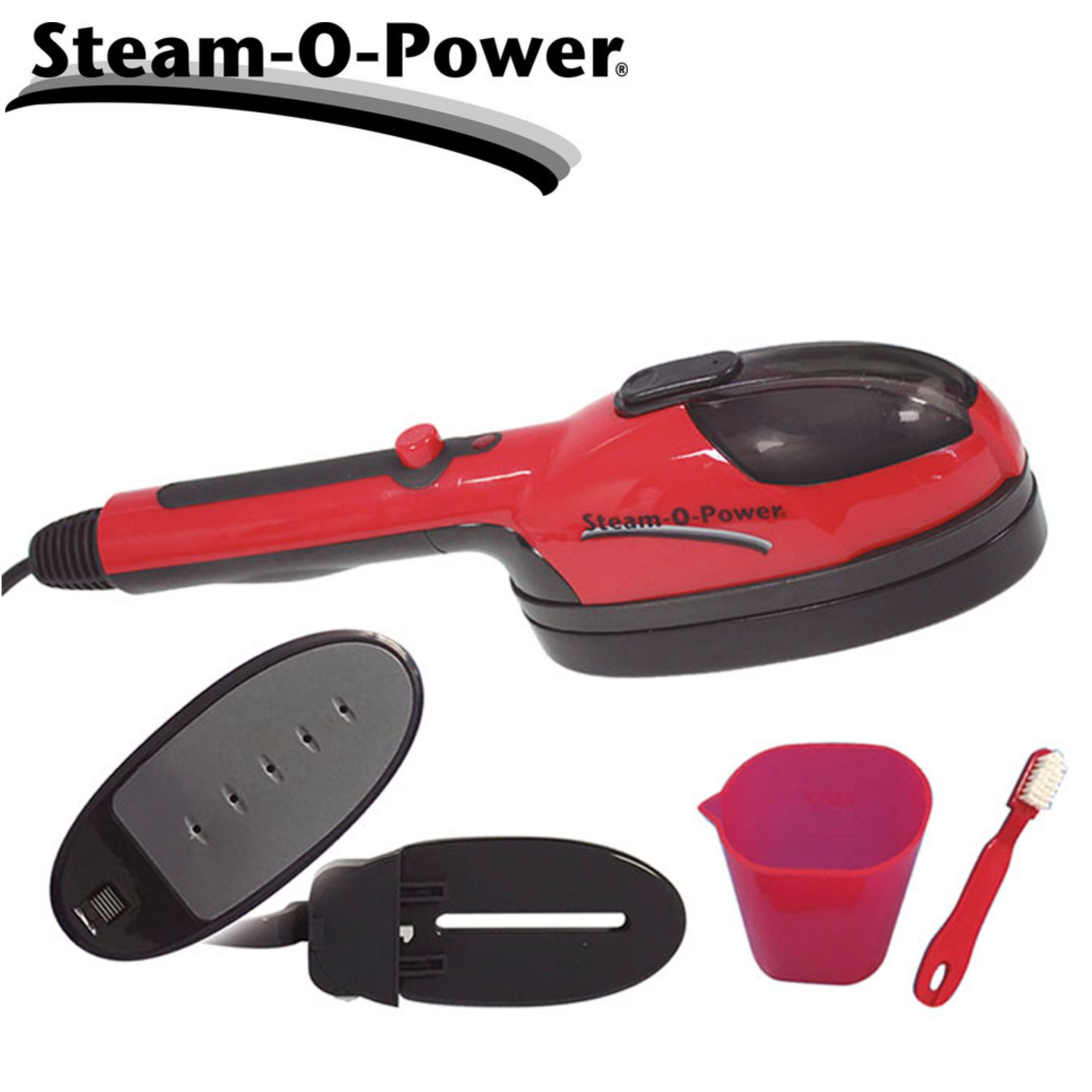 Un défroisseur à main rouge et noir avec accessoires, dont une brosse et un gobelet d'eau, sur fond blanc.