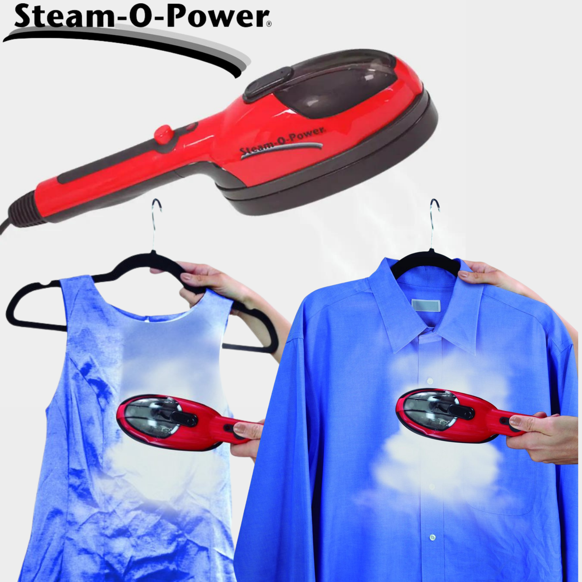 Un défroisseur Steam-O-Power rouge utilisé sur une chemise bleue et une robe bleue.