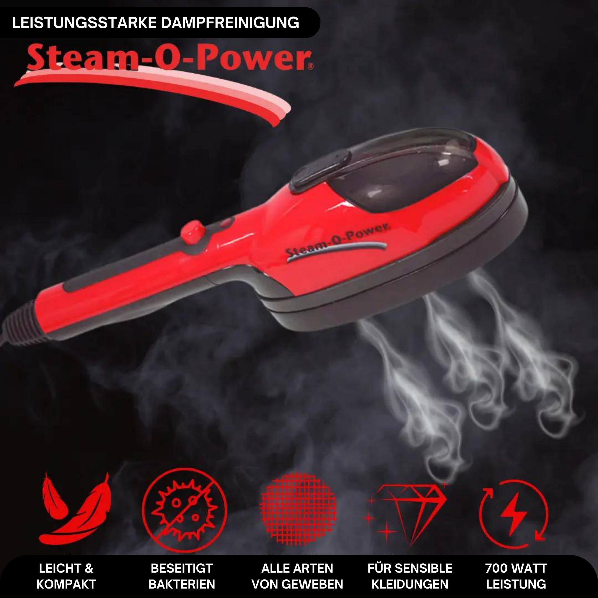 Un fer à vapeur rouge et noir avec de la vapeur qui sort. Texte : Steam-O-Power.