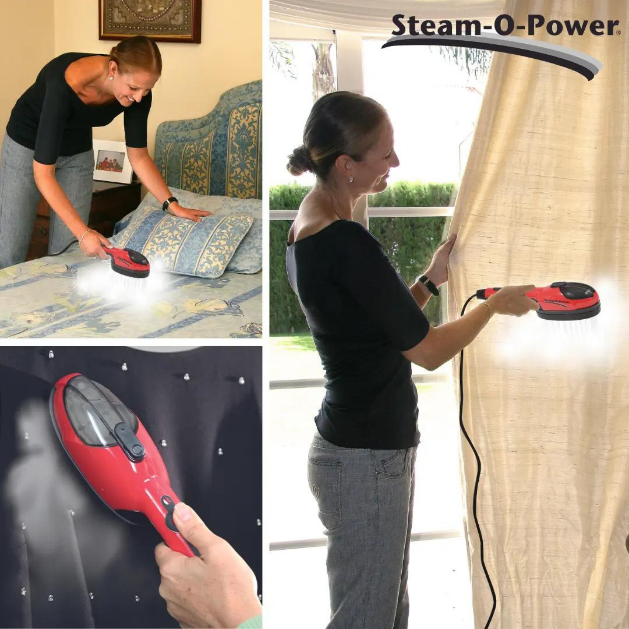 Une femme utilise un défroisseur rouge sur un lit, des vêtements et des rideaux.