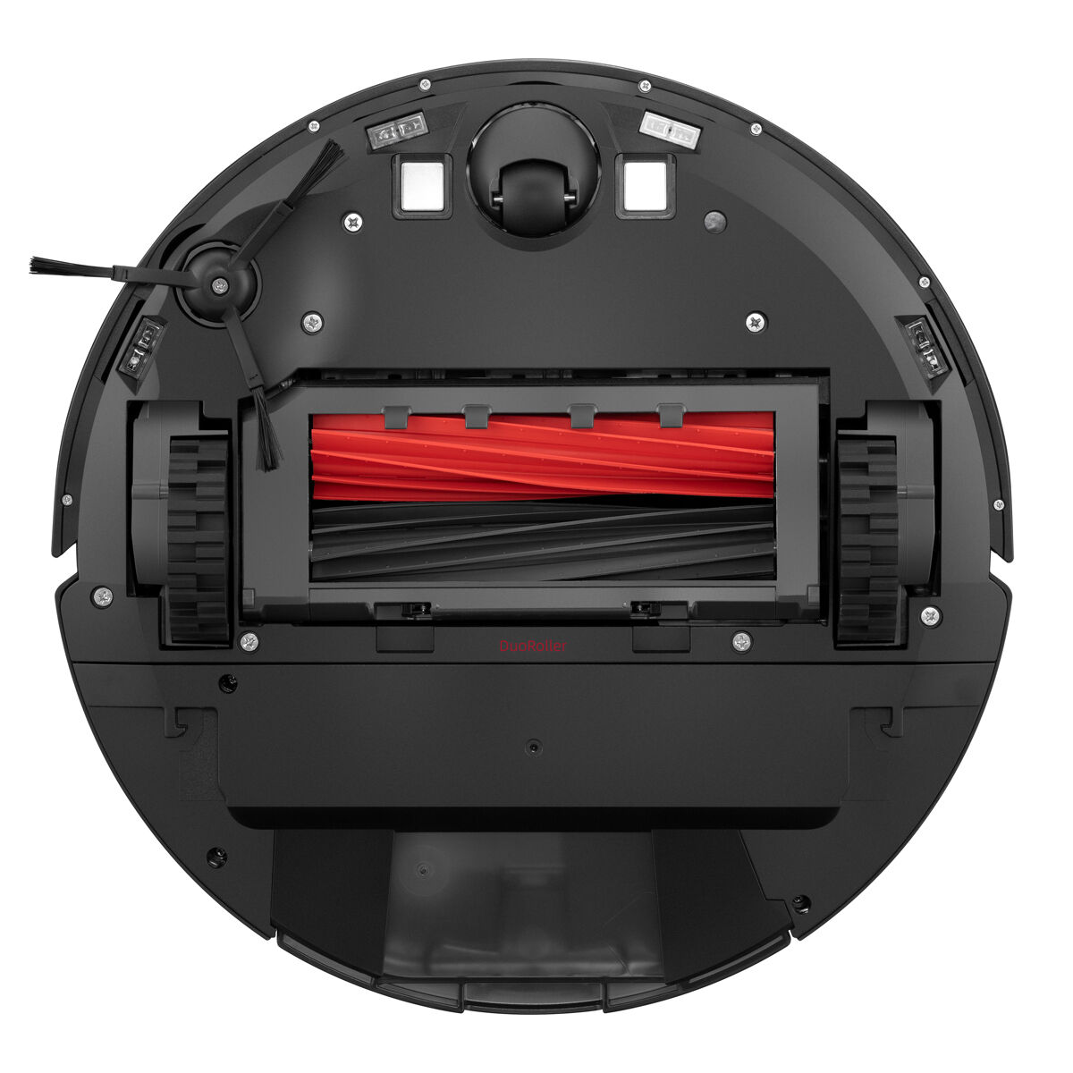 Die Unterseite eines schwarzen Roboter-Staubsaugers mit roter Bürste.