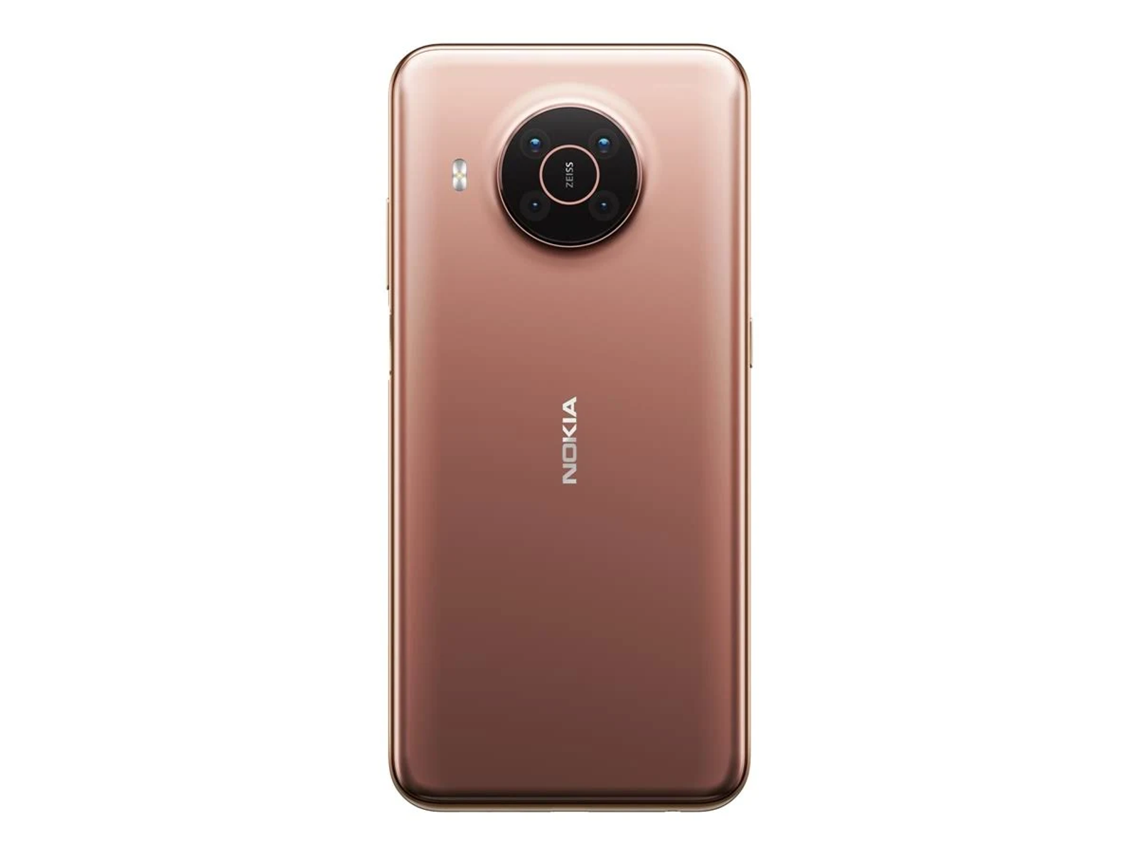 Achteraanzicht van een rosé-gouden Nokia telefoon met drievoudige cameramodule en Nokia logo.