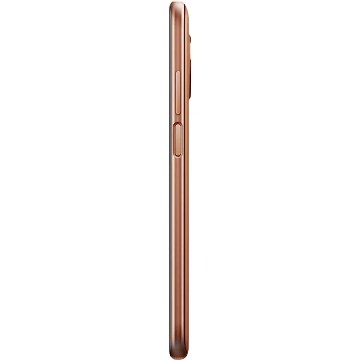 Zijprofiel van een koperkleurige smartphone met knoppen en een strak design.