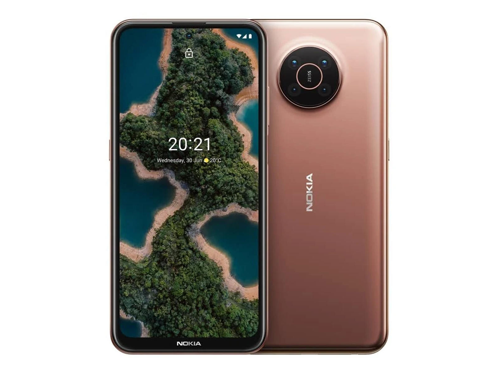 Nokia-telefoon met dubbele camera's. Het scherm toont een natuurbeeld en de tijd 20:21.