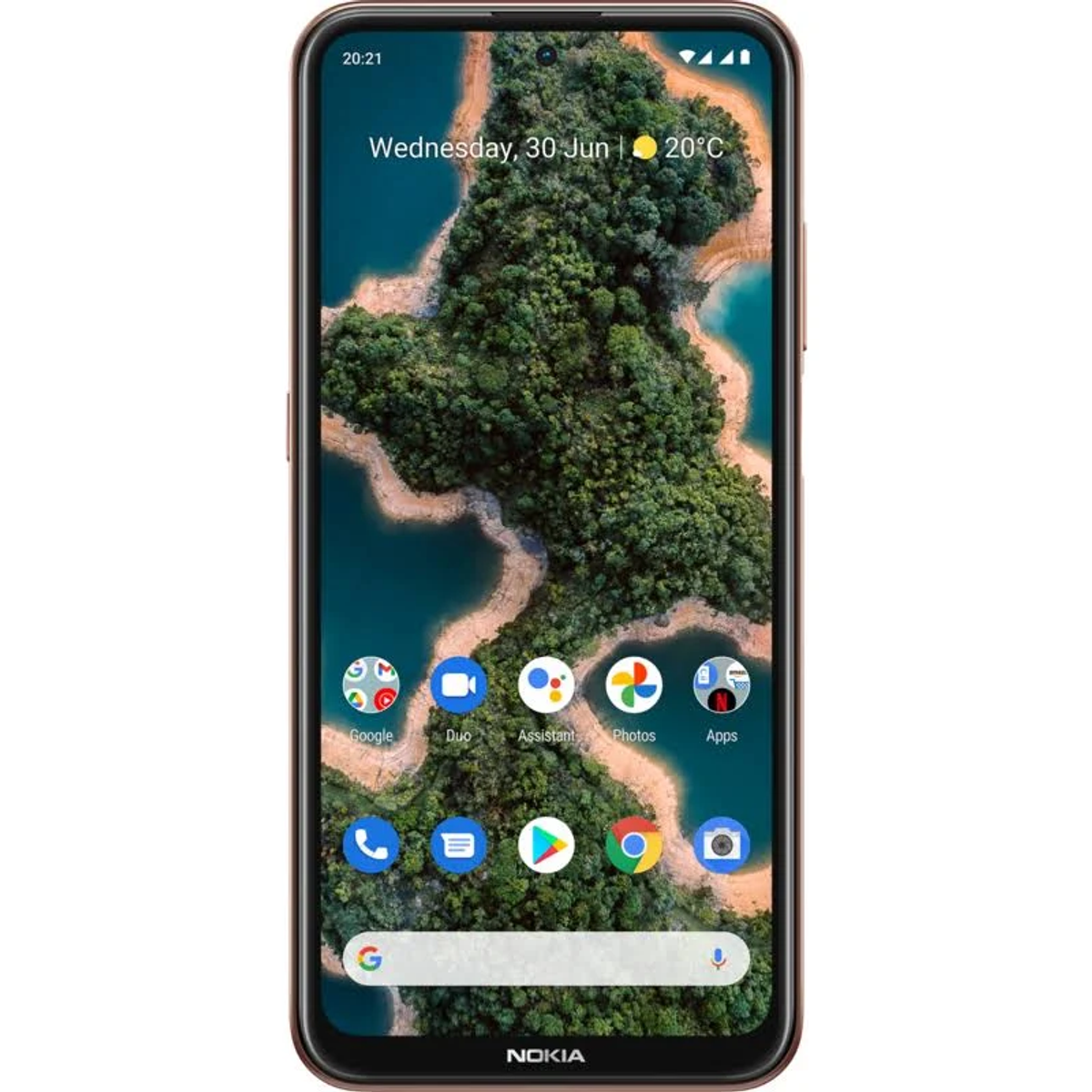 Een bruine Nokia-telefoon toont een schilderachtig uitzicht op een meer en bomen, met app-pictogrammen.