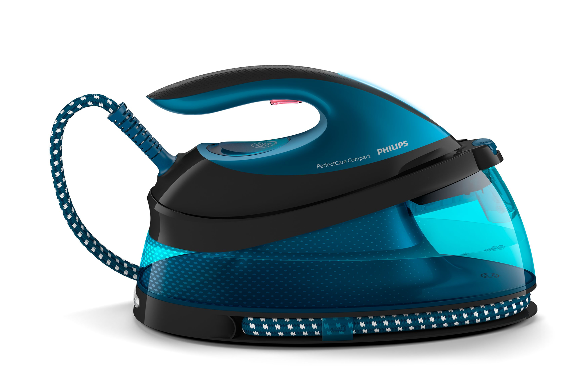 Blue Philips PerfectCare Compact iron, with a water tank and a cord. The design is visible.