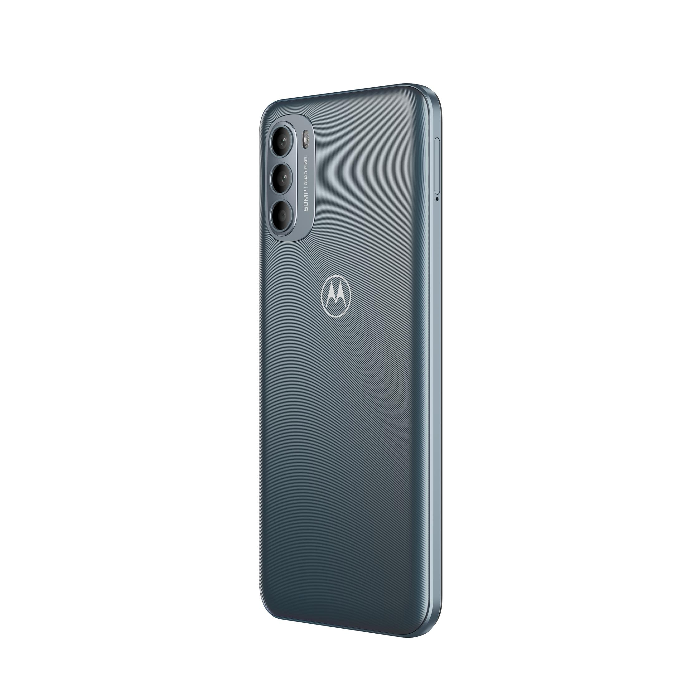 Blau-graues Motorola-Telefon, Rückansicht. Drei Kameras und Motorola-Logo sichtbar. Modern.