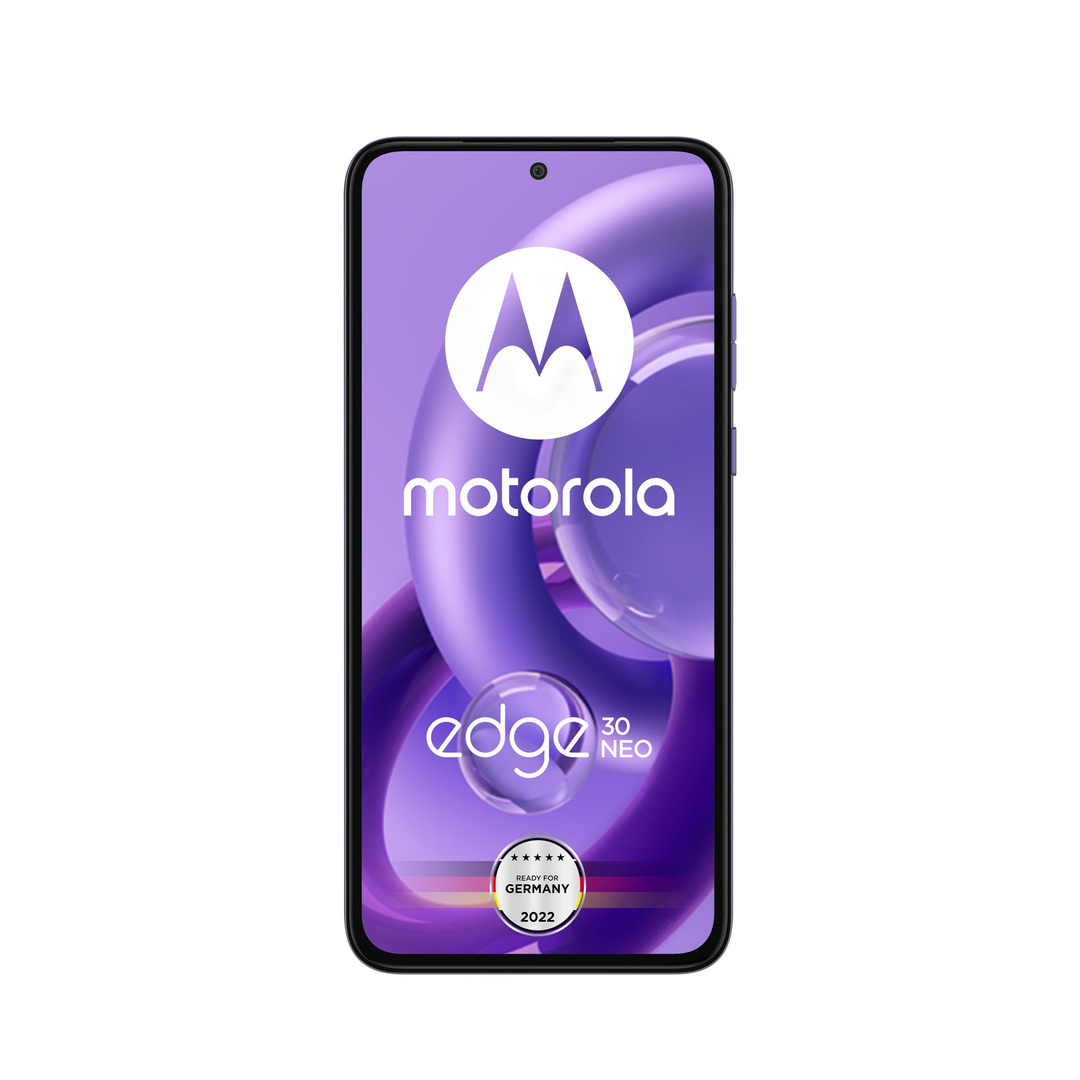Motorola-Telefon mit lila Hintergrund und der Aufschrift 'edge 30 neo'.