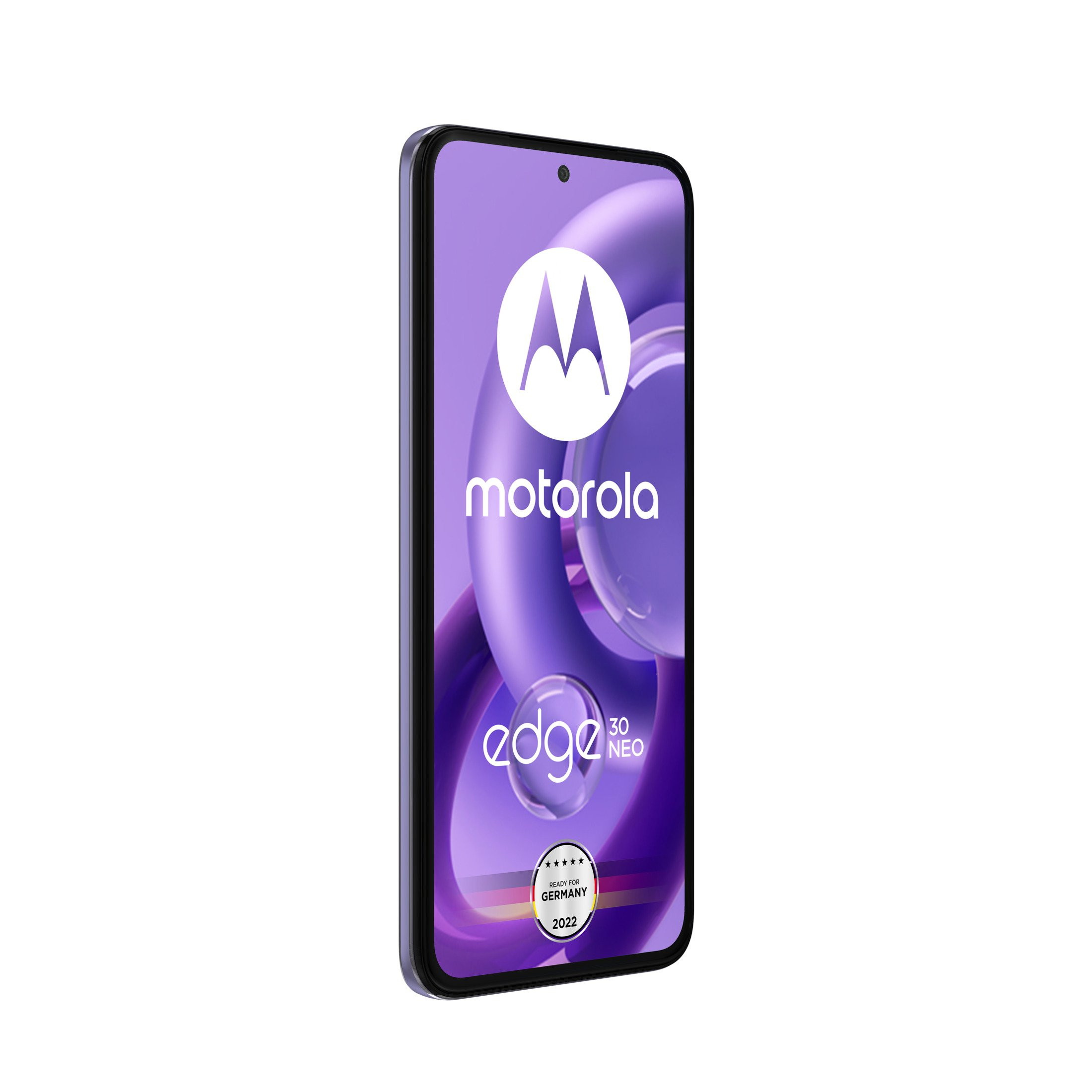 Motorola Edge 30 Neo Smartphone in Lila, schräg dargestellt.