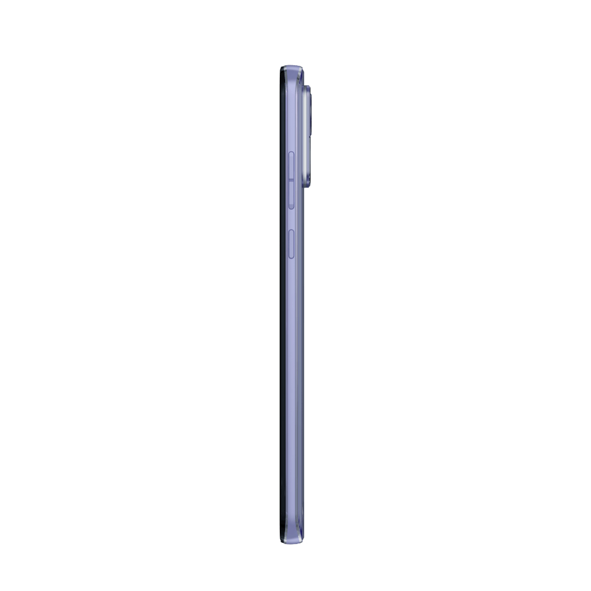 Eine Seitenansicht eines lila Smartphones, die Seitentasten und die Kameraausbuchtung zeigt.