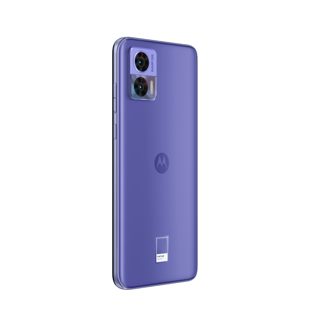 Ein lila Smartphone mit Doppel-Kameramodul und Logo, auf weißem Hintergrund.