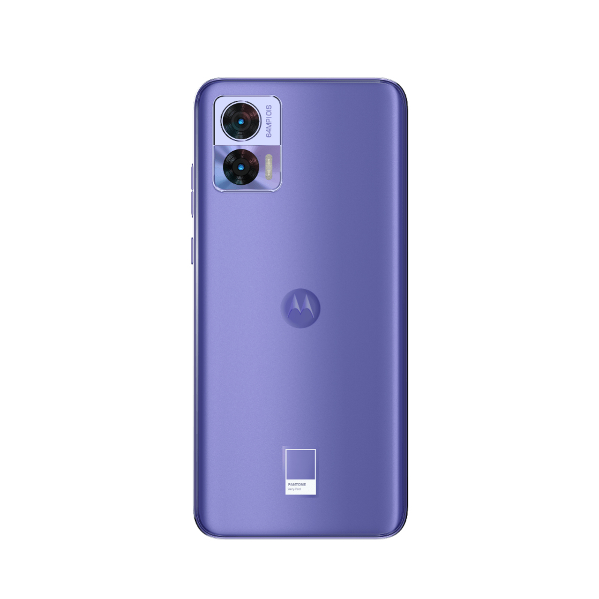 Lila Smartphone mit zwei Rückkameras. Die Rückseite hat ein Logo und ein Pantone-Etikett.