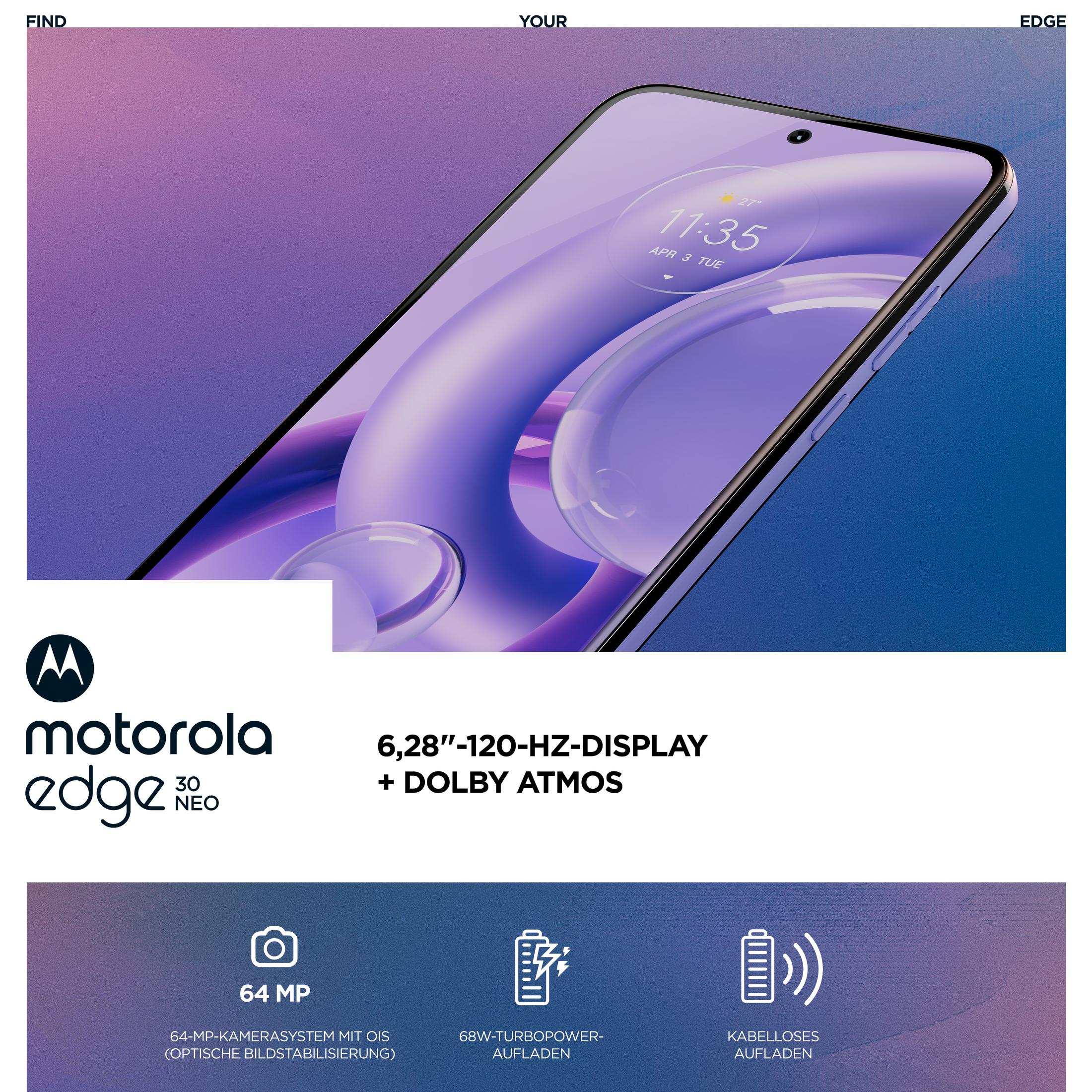 Motorola Edge 30 Neo Handy, lila, mit Anzeige von Uhrzeit und Symbolen, weißer Hintergrund.