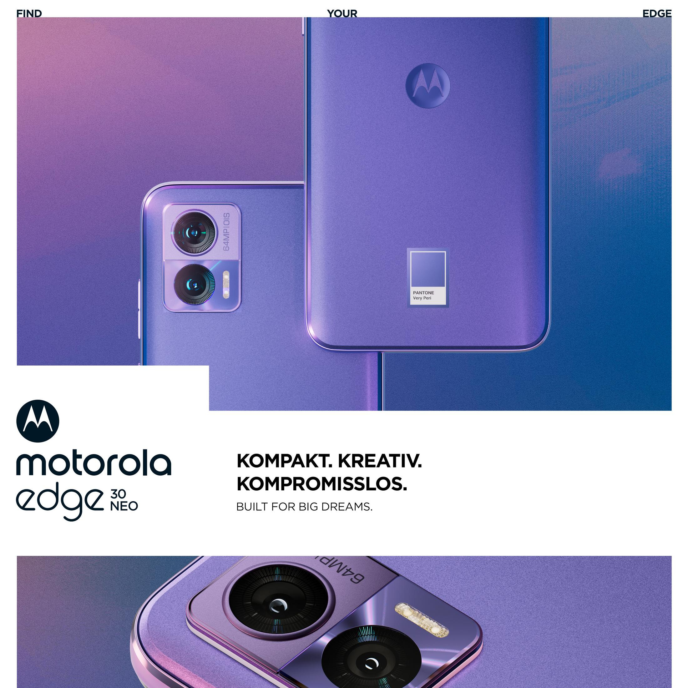 Werbung für Motorola Edge 30 Neo Handys. Zwei Telefone werden gezeigt, lila HG.