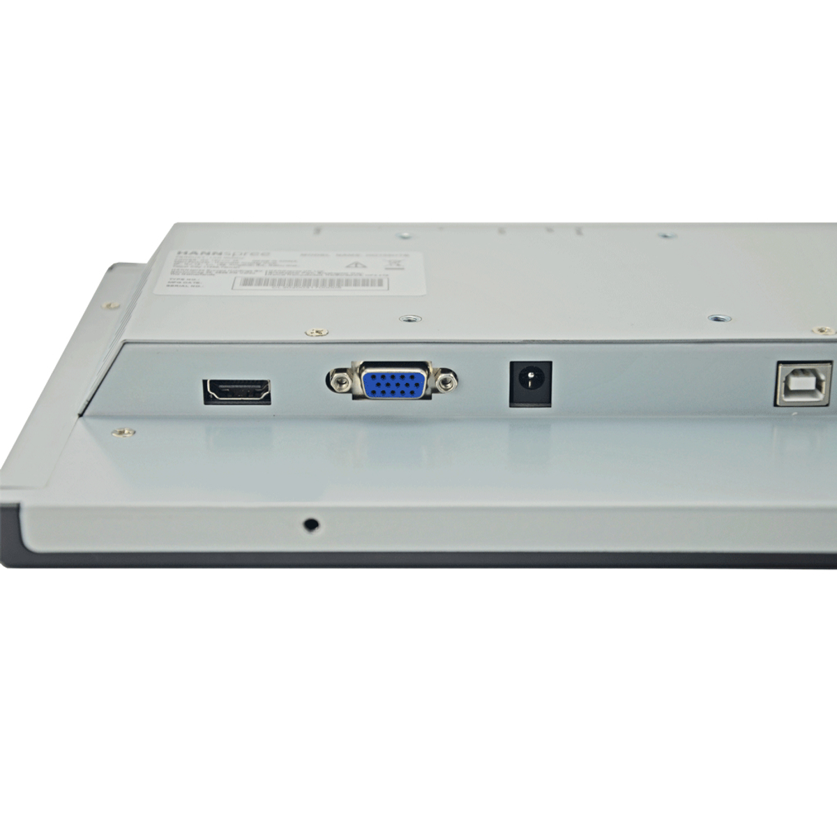 Rückansicht eines schwarzen Monitors mit mehreren Anschlüssen, darunter HDMI und USB.