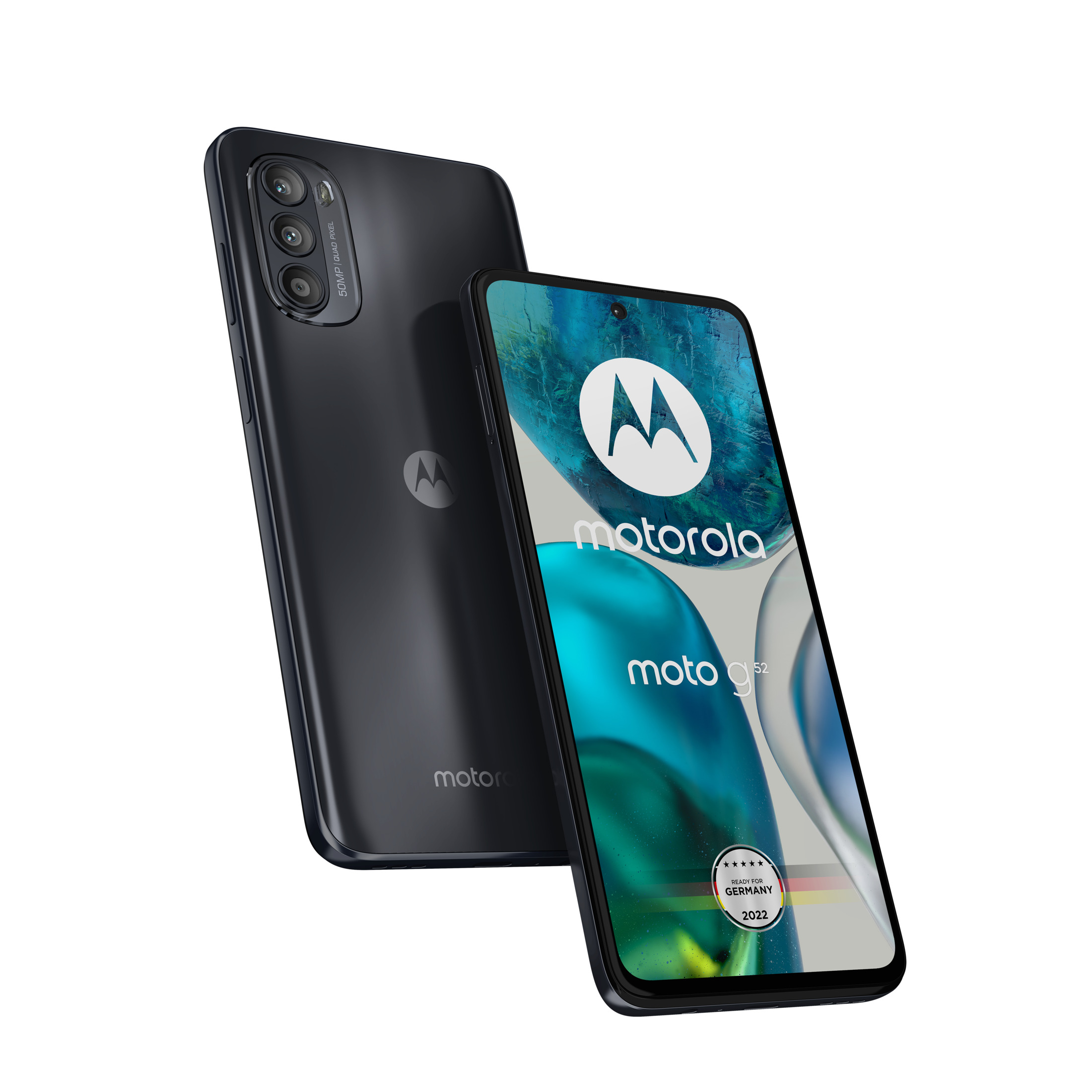 Zwei schwarze Smartphones, eines abgewinkelt, das andere flach.