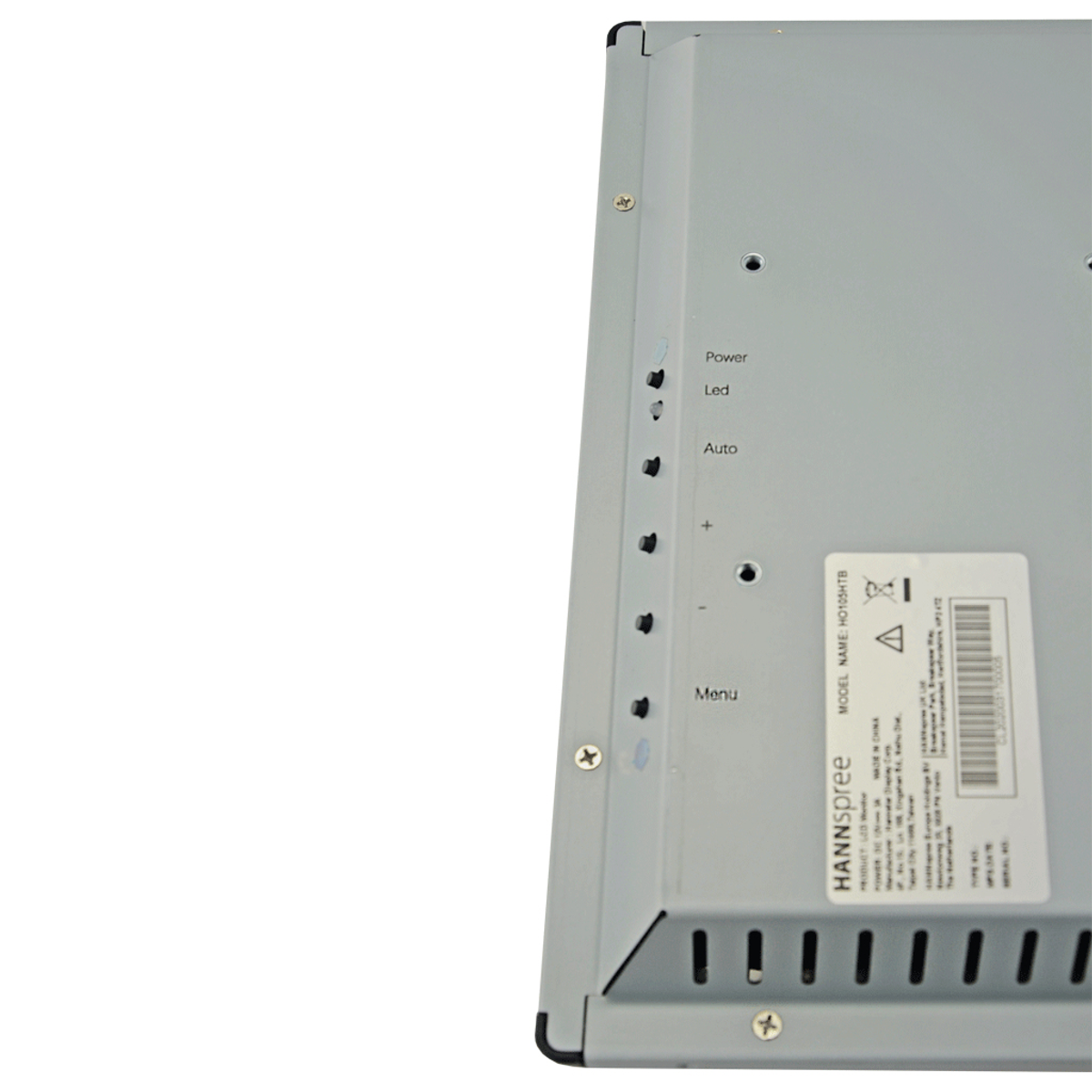 Rückansicht eines grauen elektronischen Geräts mit Anschlüssen, Schrauben und Etiketten, vor weißem Hintergrund.