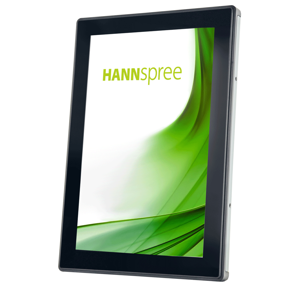 HANNspree Tablet auf weißem Hintergrund mit grünem Wellendesign.