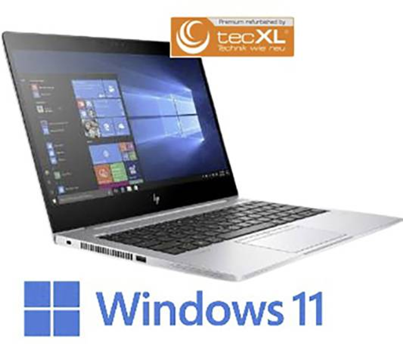 Ein silberner Laptop mit schwarzer Tastatur und Windows 11 Logo unten links.