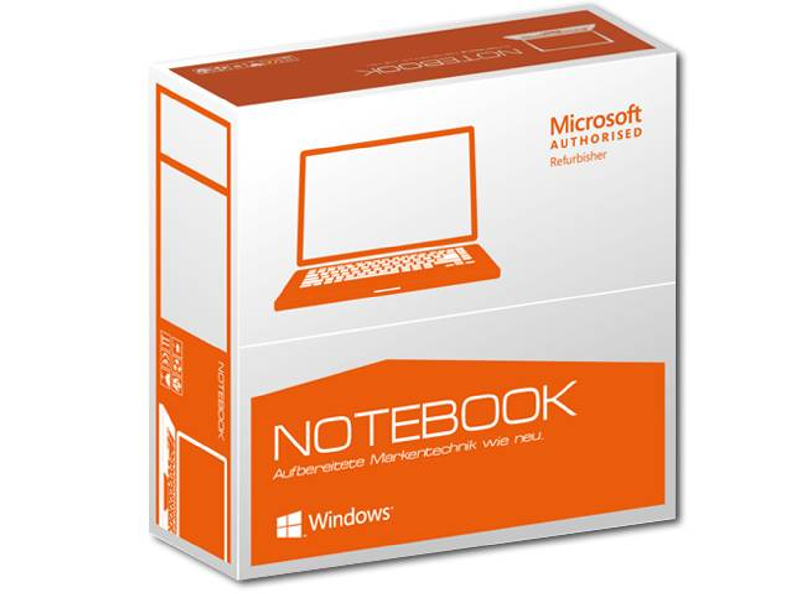 Eine orangefarbene und weiße Schachtel mit Text. Auf weißem Hintergrund steht "NOTEBOOK" und "MICROSOFT AUTHORISED Refurbisher".