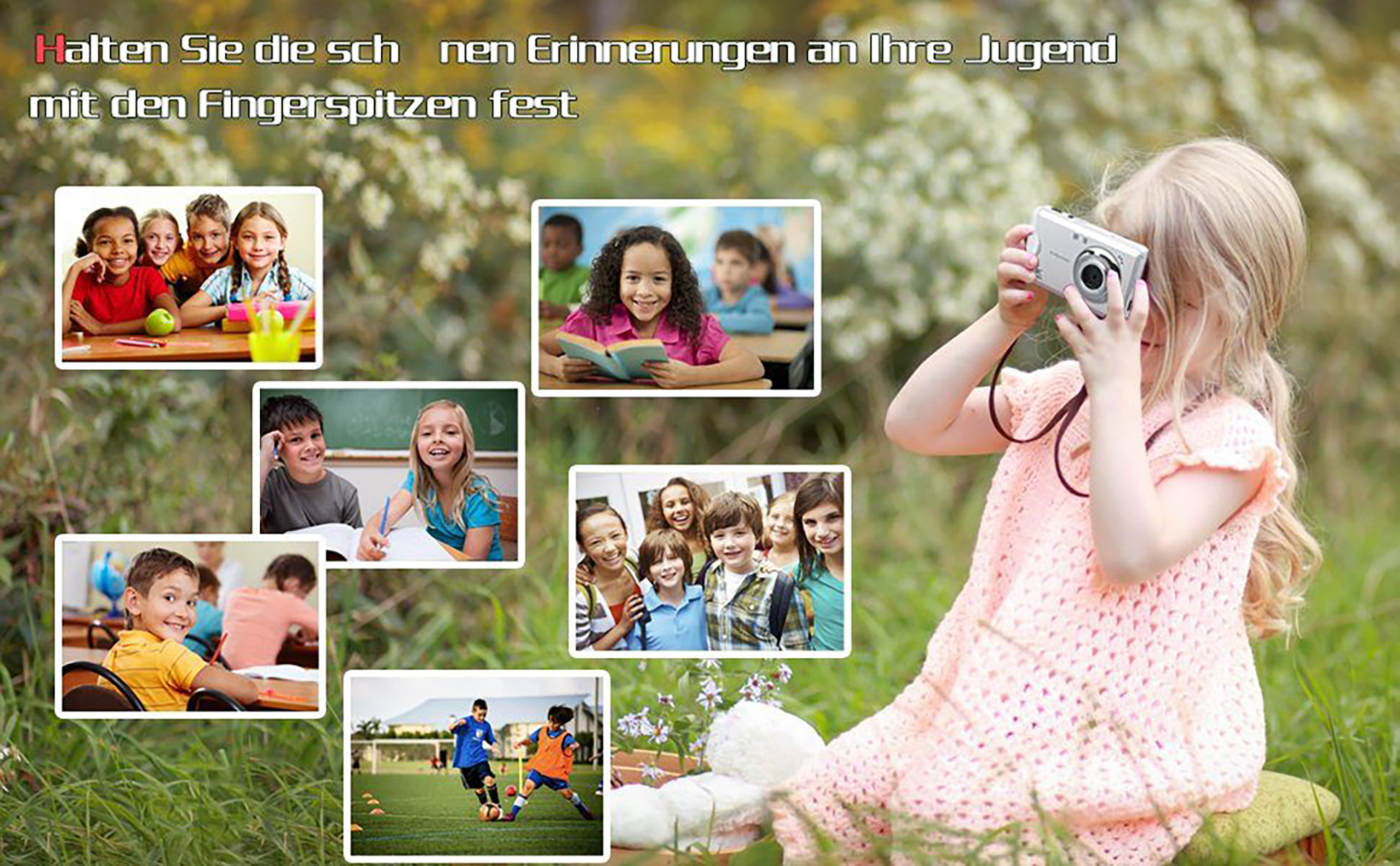 Ein Mädchen fotografiert andere Kinder mit einer Kamera, plus Kinderbilder.
