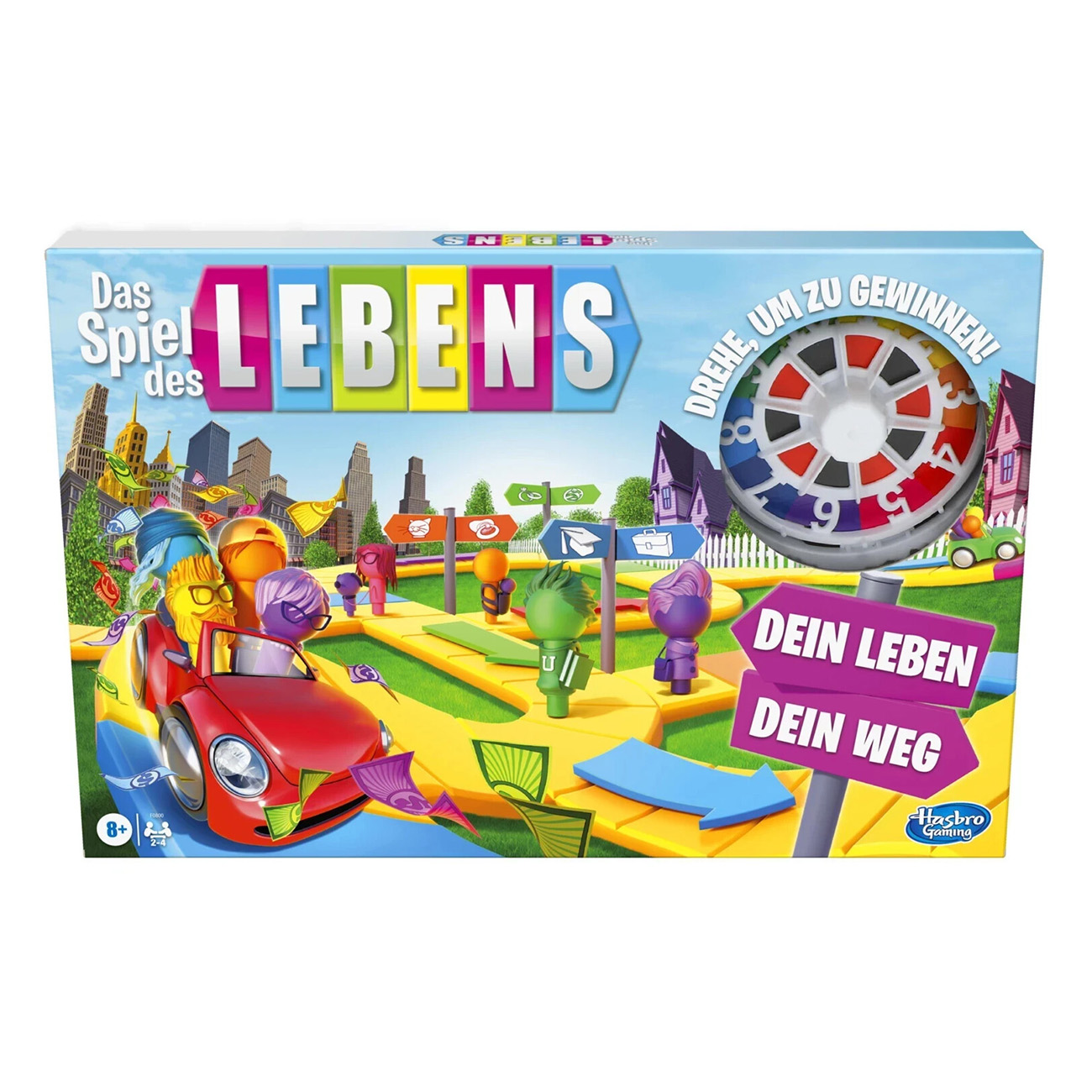 Eine Spielkarton mit einer roten Autoillustration. Die Box ist mit 'Das Spiel des Lebens' beschriftet.