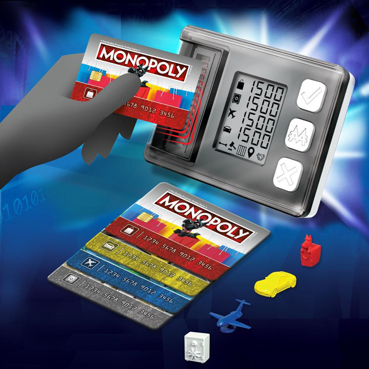 Ein Monopoly-Spiel mit Karten, einem Kartenleser und Spielfiguren auf blauem Hintergrund.