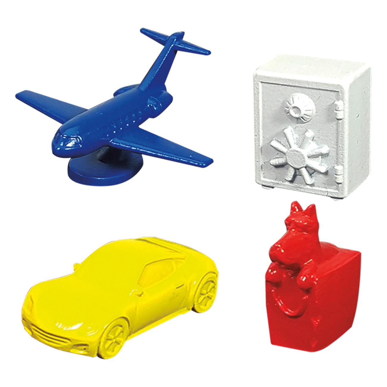 Spielzeugset mit blauem Flugzeug, weißem Safe, gelbem Auto und roter Hundefigur.