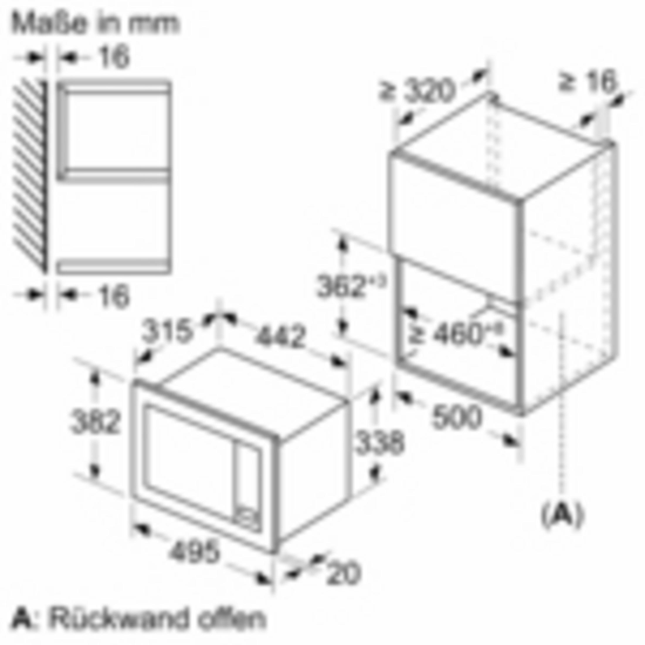 Technische Zeichnung eines Mikrowellenofens mit Maßangaben, einschließlich Seiten- und Vorderansicht.