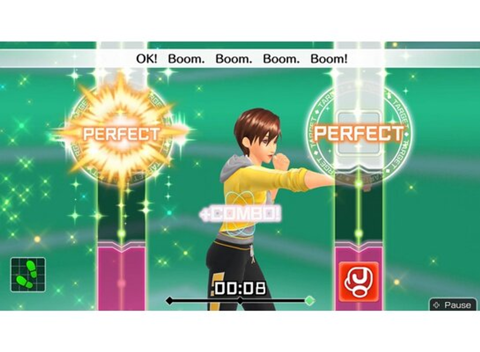 Videospielbildschirm mit einer Cartoonfigur beim Boxen, mit 'Perfect'-Grafik.