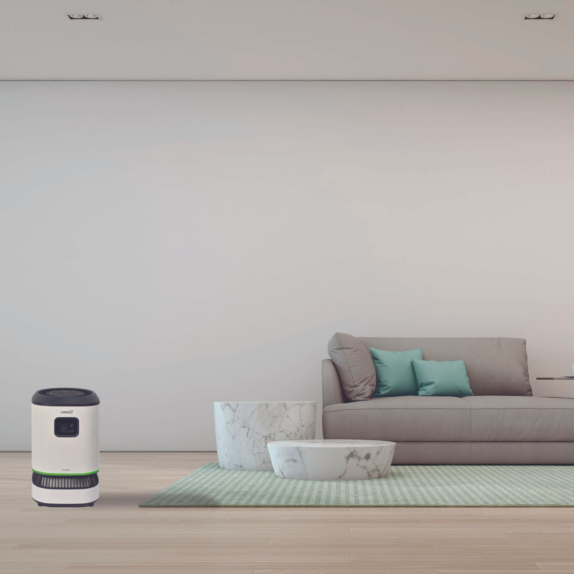 Un salón moderno con pared blanca, sofá gris, alfombra verde y robot aspirador.