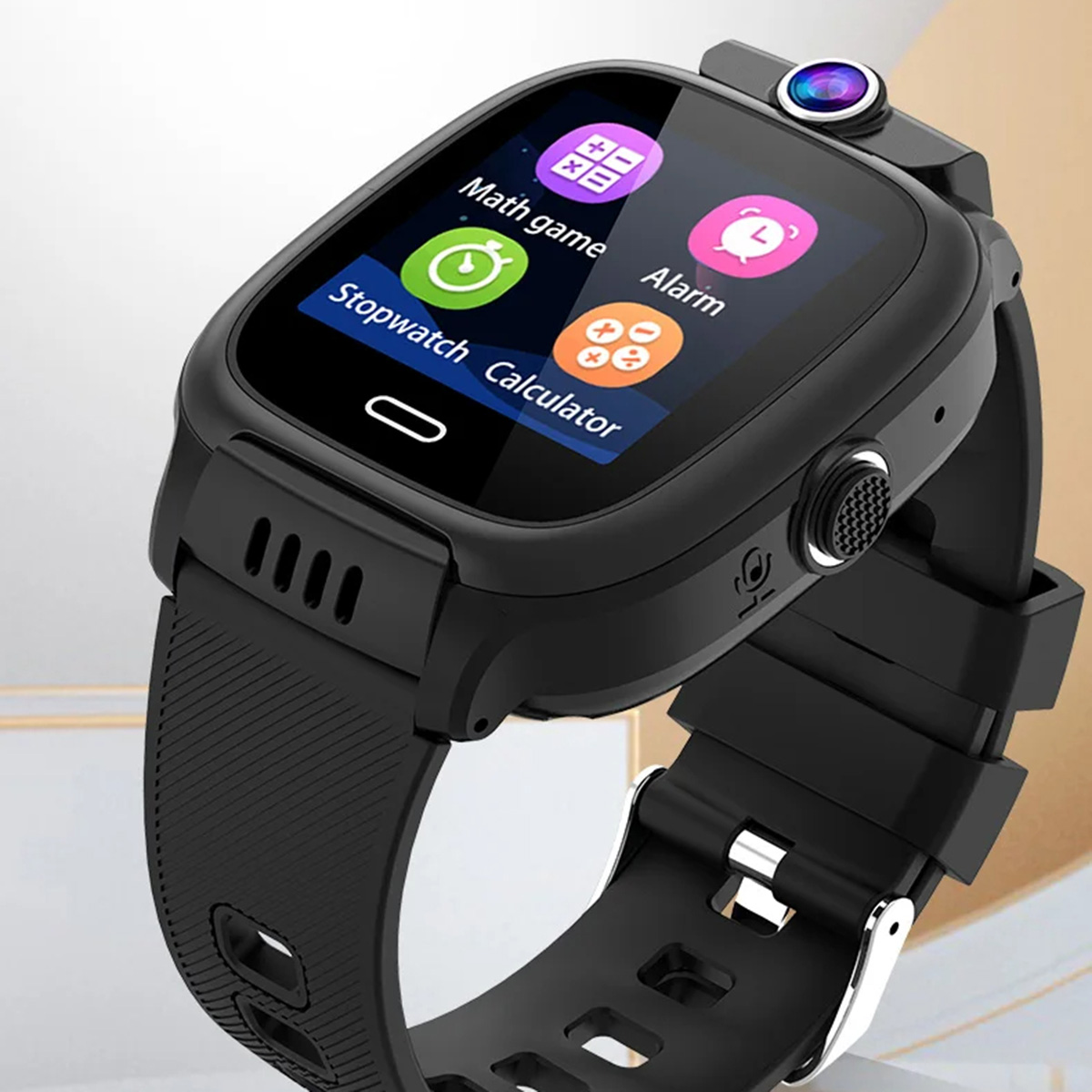 Smartwatch negra con pantalla táctil mostrando iconos de aplicaciones.