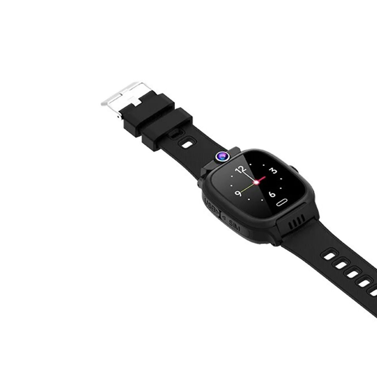 Smartwatch negra sobre blanco, con correa negra y hebilla plateada.