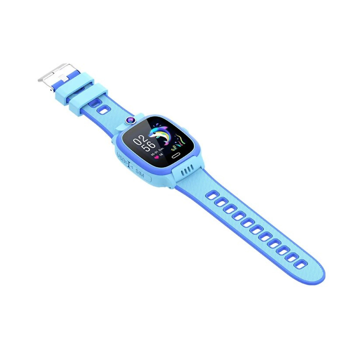 Smartwatch azul claro para niños. La correa tiene agujeros. Tiene una pantalla que muestra la hora. Fondo blanco.