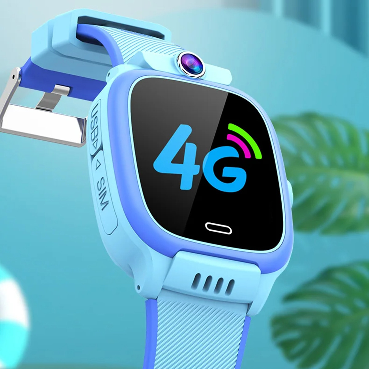 Smartwatch azul para niños con 4G en pantalla y cámara. Correa azul claro.