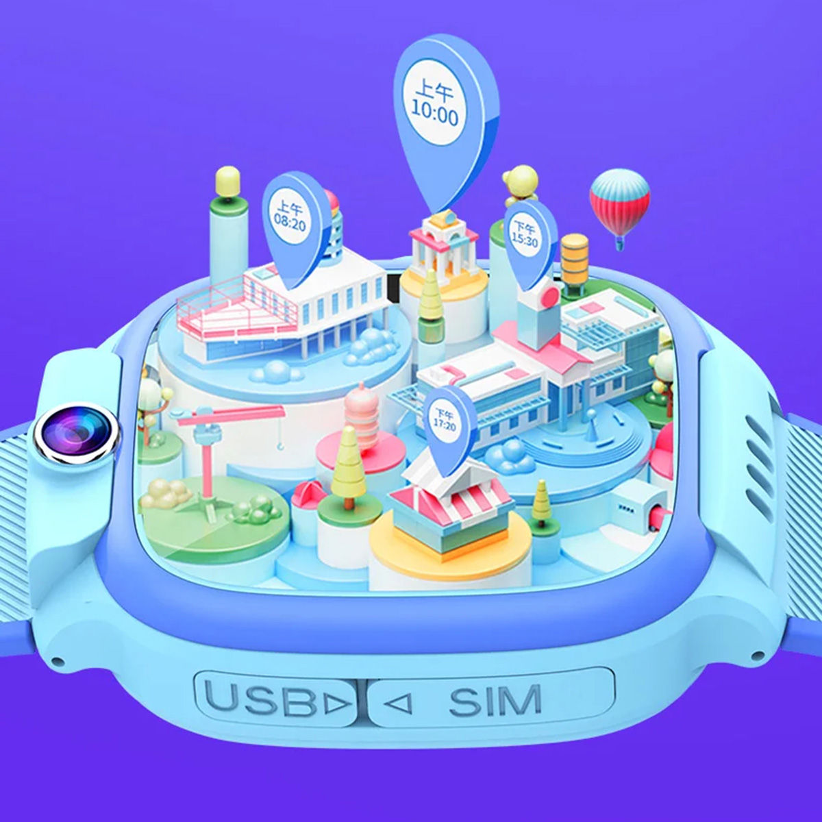 Un reloj inteligente infantil muestra un mapa digital de una ciudad con marcadores. Colores azul y celeste.