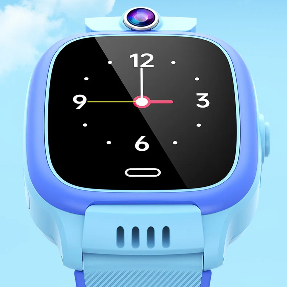 Un reloj inteligente azul con una pantalla negra que muestra un reloj. El reloj tiene una cámara arriba.